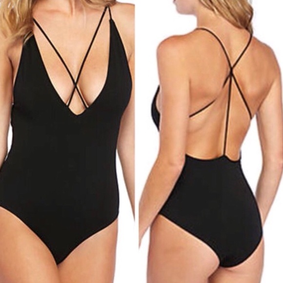 Sam Edelman Black Strappy Plunge Cotton Bodysuit L - Picture 3 of 13